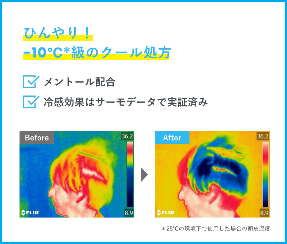 ひんやり！-10℃*級のクール処方 ・メントール配合 ・冷感効果はサーモデータで実証済み ＊25℃の環境下で使用した場合の頭皮温度