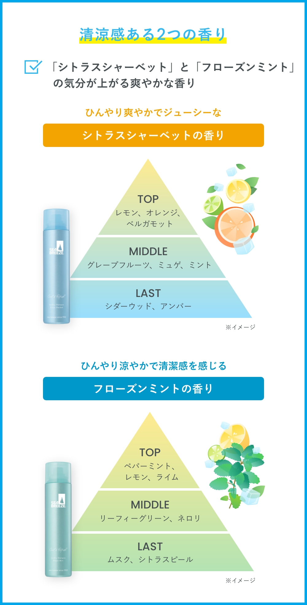 清涼感ある2つの香り ・「シトラスシャーベット」と「フローズンミント」の気分が上がる爽やかな香り ひんやり爽やかでジューシーなシトラスシャーベットの香り TOP：レモン、オレンジ、ベルガモット MIDDLE：グレープフルーツ、ミュゲ、ミント LAST：シダーウッド、アンバー  ※イメージ ひんやり涼やかで清涼感を感じるフローズンミントの香り TOP：ペパーミント、レモン、ライム MIDDLE：リーフィーグリーン、ネロリ LAST：ムスク、シトラスピール ※イメージ
