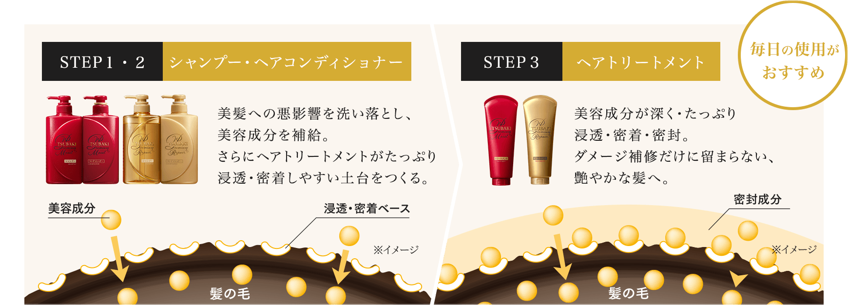 STEP1・2シャンプー・ヘアコンディショナー 美髪への悪影響を洗い落とし、美容成分を補給。さらにヘアトリートメントがたっぷり浸透・密着しやすい土台をつくる。STEP3ヘアトリートメント 毎日の使用がおすすめ 美容成分が深く・たっぷり浸透・密着・密封。ダメージ補修だけに留まらない、艶やかな髪へ。